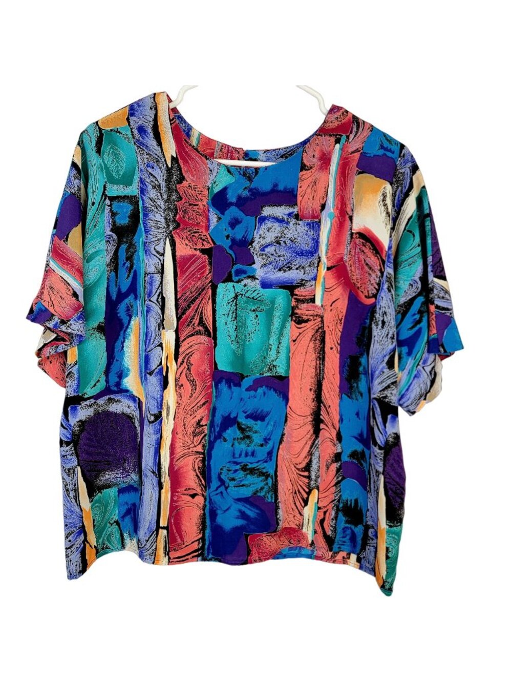 Vintage 80s Colorful Blouse Women Large Top Shirt Leaves Short Sleeve Formal 12